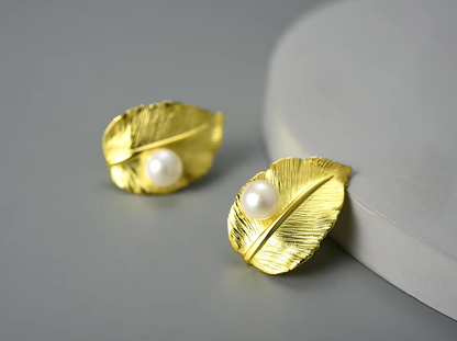 Leaf Natural Pearl Stud Earrings