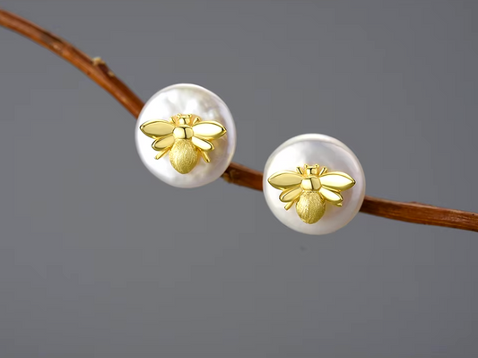 Natural Pearl Bee Stud Earrings